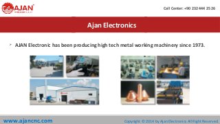 Ajan Electronics
Ø
AJAN Electronic has been producing high tech metal working machinery since 1973.
www.ajancnc.com
Call Center: +90 232 444 25 26
Copyright © 2014 by Ajan Electronics All Right Reserved.
 