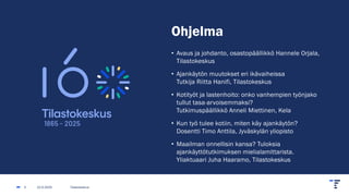 Ohjelma
• Avaus ja johdanto, osastopäällikkö Hannele Orjala,
Tilastokeskus
• Ajankäytön muutokset eri ikävaiheissa
Tutkija Riitta Hanifi, Tilastokeskus
• Kotityöt ja lastenhoito: onko vanhempien työnjako
tullut tasa-arvoisemmaksi?
Tutkimuspäällikkö Anneli Miettinen, Kela
• Kun työ tulee kotiin, miten käy ajankäytön?
Dosentti Timo Anttila, Jyväskylän yliopisto
• Maailman onnellisin kansa? Tuloksia
ajankäyttötutkimuksen mielialamittarista.
Yliaktuaari Juha Haaramo, Tilastokeskus
22.5.2025 Tilastokeskus
3
 