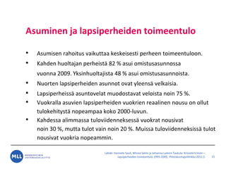 L?hde: Hannele Sauli, Minna Salmi ja Johanna Lammi-Taskula: Kriisist? kriisiin C
lapsiperheiden toimeentulo 1995-2009, Yhteiskuntapolitiikka 2011:5
Asuminen ja lapsiperheiden toimeentulo
? Asumisen rahoitus vaikuttaa keskeisesti perheen toimeentuloon.
? Kahden huoltajan perheist? 82 % asui omistusasunnossa
vuonna 2009. Yksinhuoltajista 48 % asui omistusasunnoista.
? Nuorten lapsiperheiden asunnot ovat yleens? velkaisia.
? Lapsiperheiss? asuntovelat muodostavat veloista noin 75 %.
? Vuokralla asuvien lapsiperheiden vuokrien reaalinen nousu on ollut
tulokehityst? nopeampaa koko 2000-luvun.
? Kahdessa alimmassa tuloviidenneksess? vuokrat nousivat
noin 30 %, mutta tulot vain noin 20 %. Muissa tuloviidenneksiss? tulot
nousivat vuokria nopeammin.
15
 