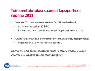 L?hde: THL, Toimeentulotuki 2011
http://www.thl.fi/fi_FI/web/fi/tilastot/aiheittain/aikuisten_sosiaalipalvelut/toimeentulotuki/toimeentulotuki
Toimeentulotukea saaneet lapsiperheet
vuonna 2011
? Vuonna 2011 toimeentulotukea sai 50 157 lapsiperhett?.
? yksinhuoltajaperheit? 28 441
? kahden huoltajan perheit? (avio- tai avopariperheit?) 21 716
? Lapsia (0-17-vuotiaita) oli toimeentulotukea saaneissa lapsiperheiss?
? yhteens? 94 621 (8,7 % kaikista lapsista).
Vrt. Vuonna 1995 toimeentulotukea sai 84 704 lapsiperhett?, joissa oli
yhteens? 155 026 lasta (13,3 % kaikista lapsista).
22
 