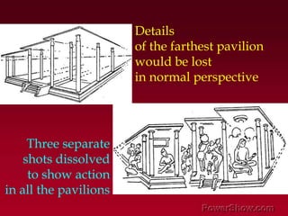 Details ,[object Object],of the farthest pavilion,[object Object],would be lost,[object Object],in normal perspective ,[object Object],Three separate shots dissolved,[object Object],to show action,[object Object],in all the pavilions,[object Object]