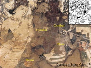 Cymbal<br />Cymbal<br />Flute<br />Drum<br />Descent of Indra, Cave 17<br />