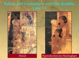 Rahula and Yashodhara meet the Buddha, Cave 17<br />Reproduction by Herringham<br />Mural<br />