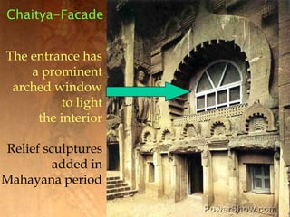 Chaitya-Facade<br />The entrance has<br />a prominent<br />arched window<br />to light<br />the interior<br />Relief sculp...