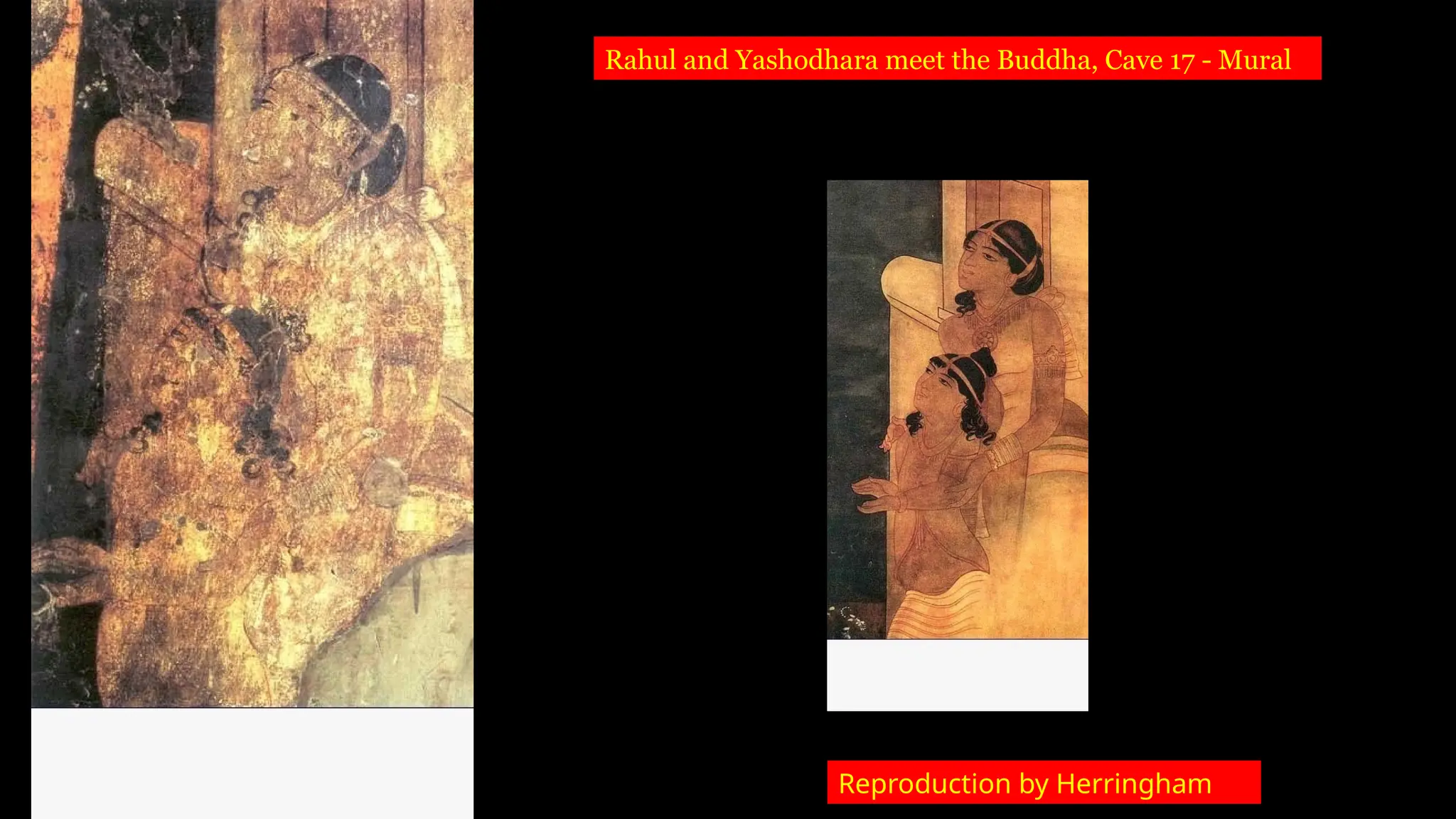 Rahul and Yashodhara meet the Buddha, Cave 17 - Mural
Reproduction by Herringham
 