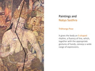 Tribhanga Pose
It gives the body an S-shaped
rhythm, a fluency of line, which,
together with the appropriate
gestures of hands, conveys a wide
range of expressions.
Paintings and
Natya Sasthra
 