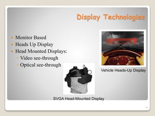 15
Display Technologies
 Monitor Based
 Heads Up Display
 Head Mounted Displays:
◦ Video see-through
◦ Optical see-through
SVGA Head-Mounted Display
Vehicle Heads-Up Display
 