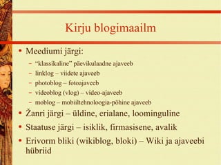 Kirju blogimaailm Meediumi järgi: “klassikaline” päevikulaadne ajaveeb linklog – viidete ajaveeb photoblog – fotoajaveeb videoblog (vlog) – video-ajaveeb moblog – mobiiltehnoloogia-põhine ajaveeb Žanri järgi – üldine, erialane, loominguline Staatuse järgi – isiklik, firmasisene, avalik Erivorm bliki (wikiblog, bloki) – Wiki ja ajaveebi hübriid 