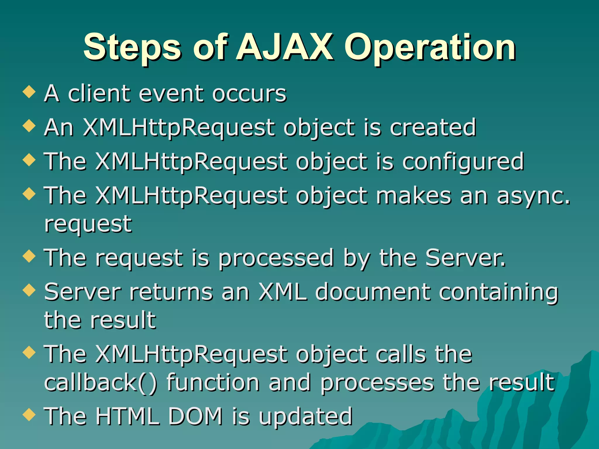 Steps of AJAX Operation A client event occurs An XMLHttpRequest object is created The XMLHttpRequest object is configured The XMLHttpRequest object makes an async. request The request is processed by the Server. Server returns an XML document containing the result The XMLHttpRequest object calls the callback() function and processes the result The HTML DOM is updated 