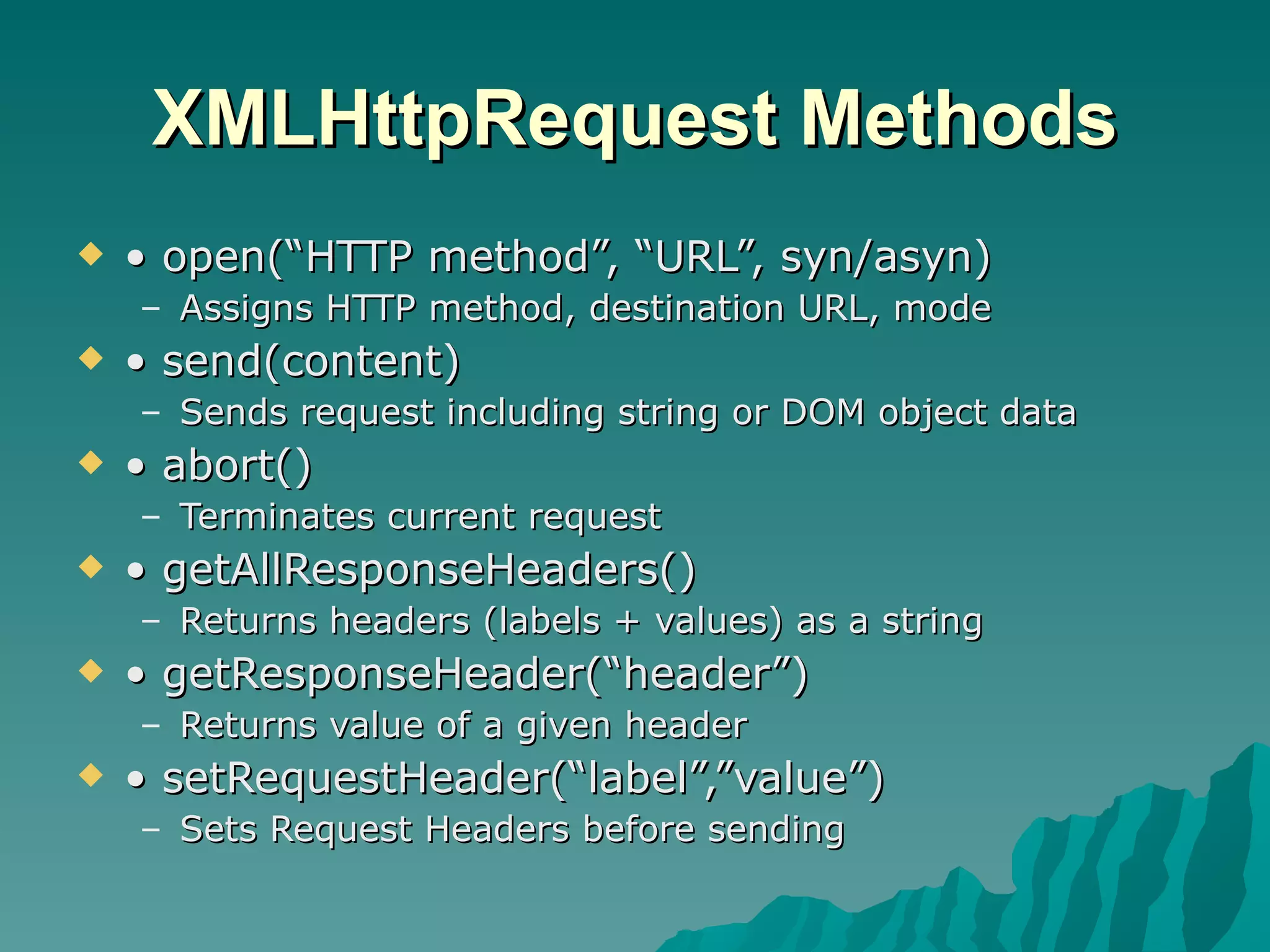 XMLHttpRequest Methods •  open(“HTTP method”, “URL”, syn/asyn) Assigns HTTP method, destination URL, mode •  send(content) Sends request including string or DOM object data •  abort() Terminates current request •  getAllResponseHeaders() Returns headers (labels + values) as a string •  getResponseHeader(“header”) Returns value of a given header •  setRequestHeader(“label”,”value”) Sets Request Headers before sending 
