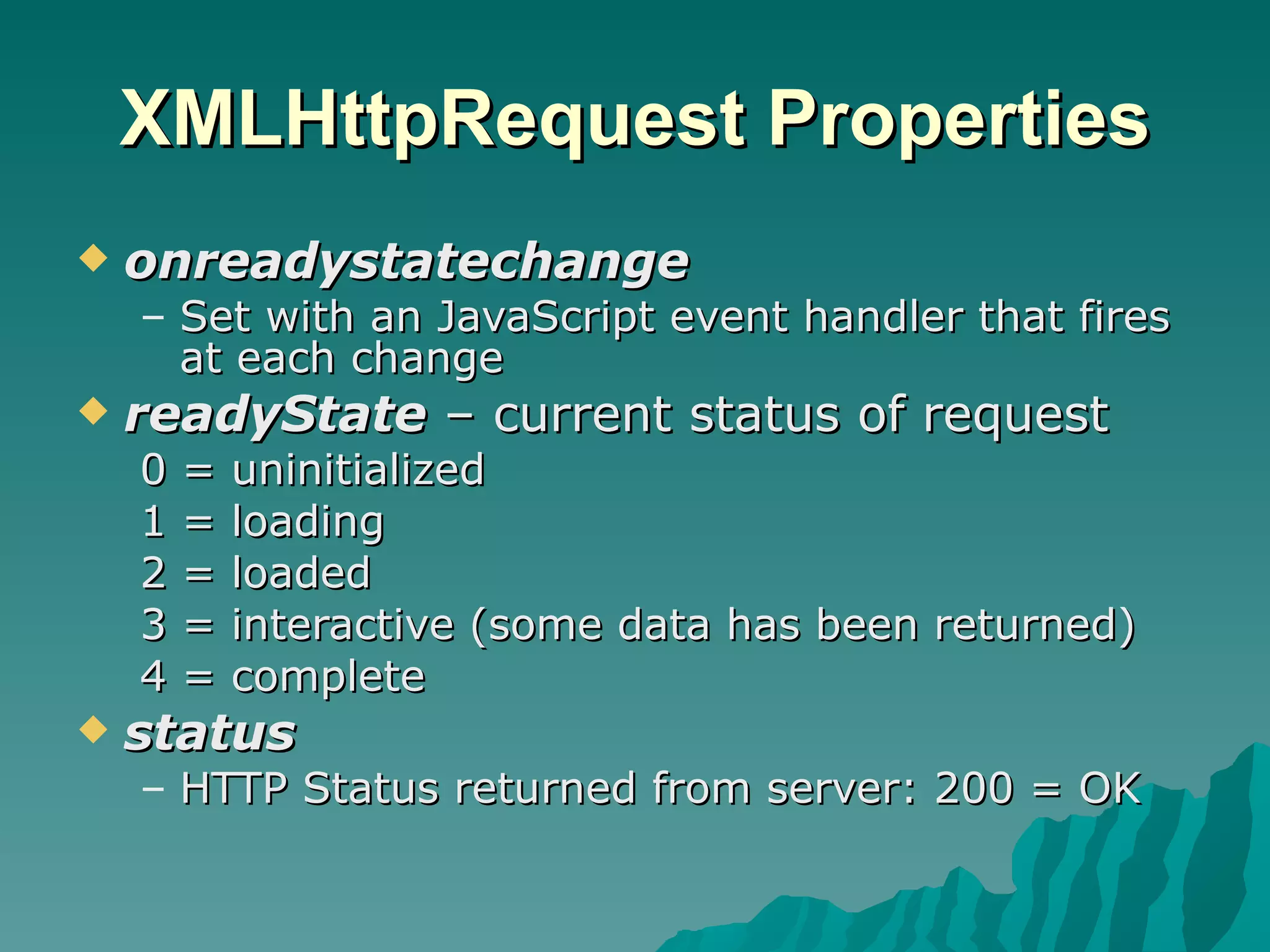 XMLHttpRequest Properties onreadystatechange Set with an JavaScript event handler that fires at each change readyState  – current status of request 0 = uninitialized 1 = loading 2 = loaded 3 = interactive (some data has been returned) 4 = complete status HTTP Status returned from server: 200 = OK 