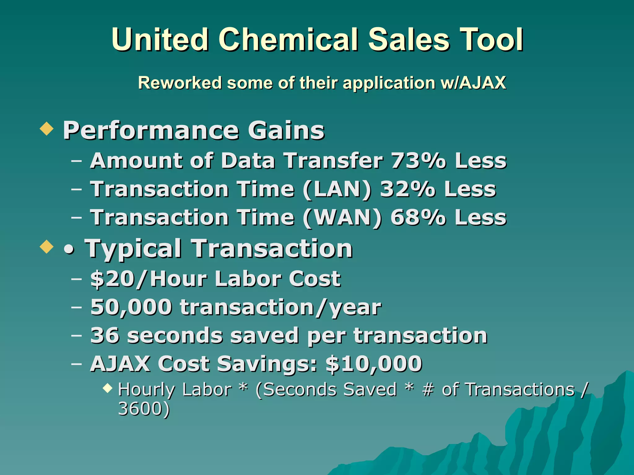 United Chemical Sales Tool   Reworked some of their application w/AJAX Performance Gains Amount of Data Transfer 73% Less Transaction Time (LAN) 32% Less Transaction Time (WAN) 68% Less •  Typical Transaction $20/Hour Labor Cost 50,000 transaction/year 36 seconds saved per transaction AJAX Cost Savings: $10,000 Hourly Labor * (Seconds Saved * # of Transactions / 3600) 