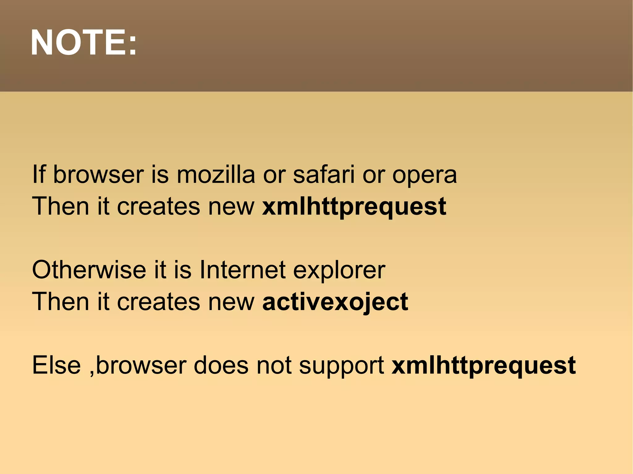 NOTE: If browser is mozilla or safari or opera Then it creates new  xmlhttprequest Otherwise it is Internet explorer Then it creates new  activexoject Else ,browser does not support  xmlhttprequest 