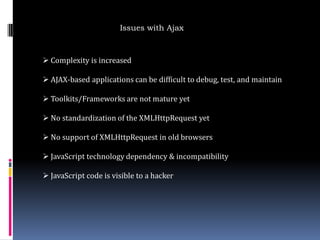 Issues with Ajax



 Complexity is increased

 AJAX-based applications can be difficult to debug, test, and maintain

 Toolkits/Frameworks are not mature yet

 No standardization of the XMLHttpRequest yet

 No support of XMLHttpRequest in old browsers

 JavaScript technology dependency & incompatibility

 JavaScript code is visible to a hacker
 