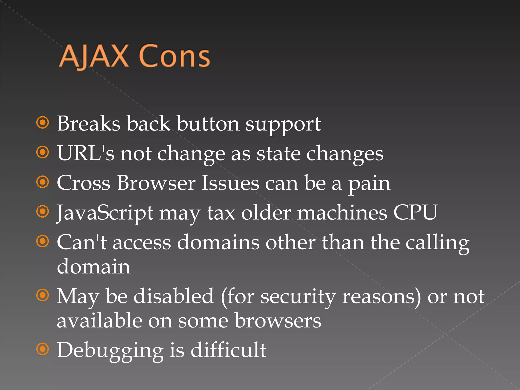 Breaks back button support URL's not change as state changes Cross Browser Issues can be a pain JavaScript may tax older machines CPU Can't access domains other than the calling domain May be disabled (for security reasons) or not available on some browsers Debugging is difficult 