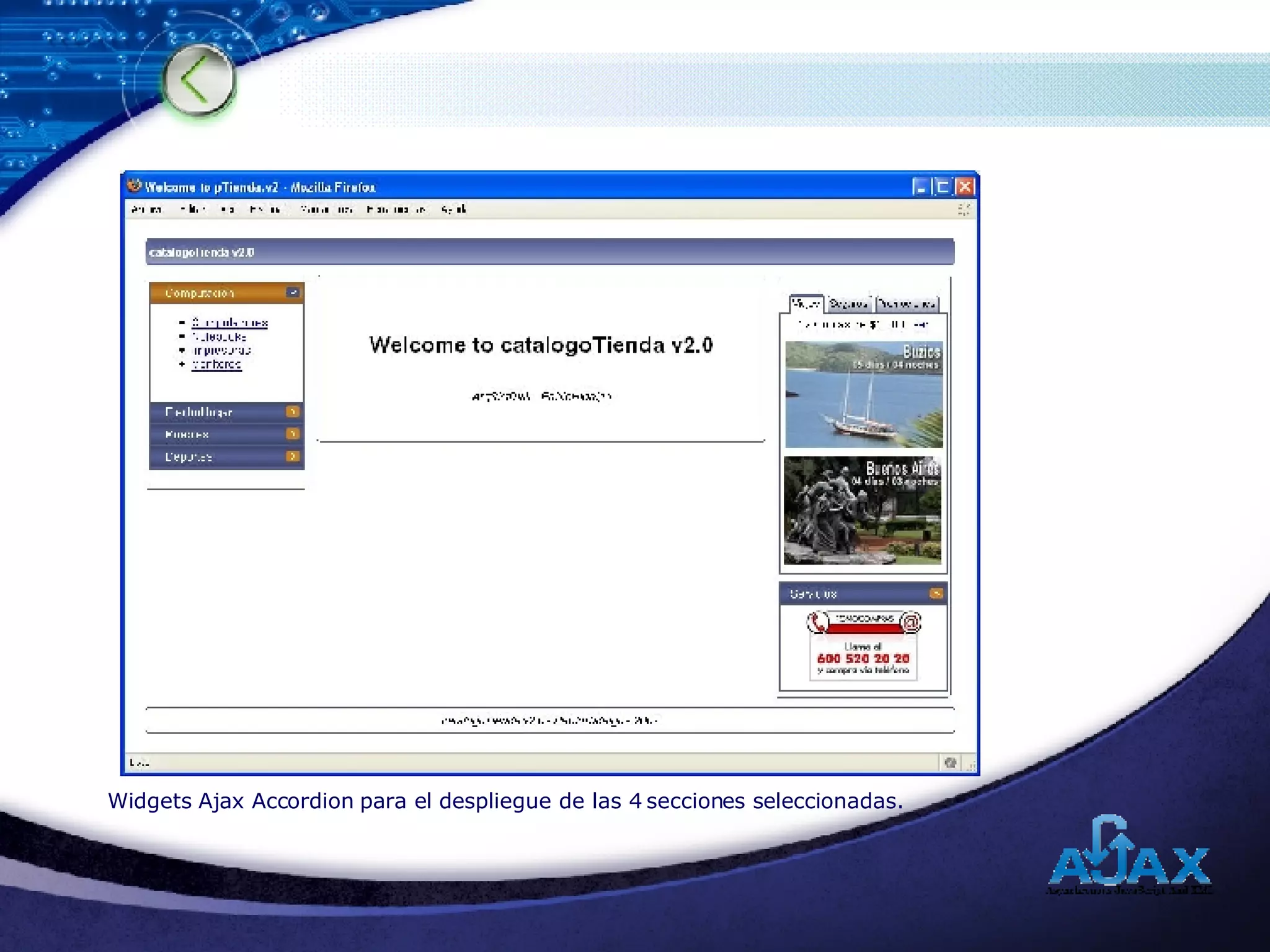 Widgets Ajax Accordion para el despliegue de las 4 secciones seleccionadas. 