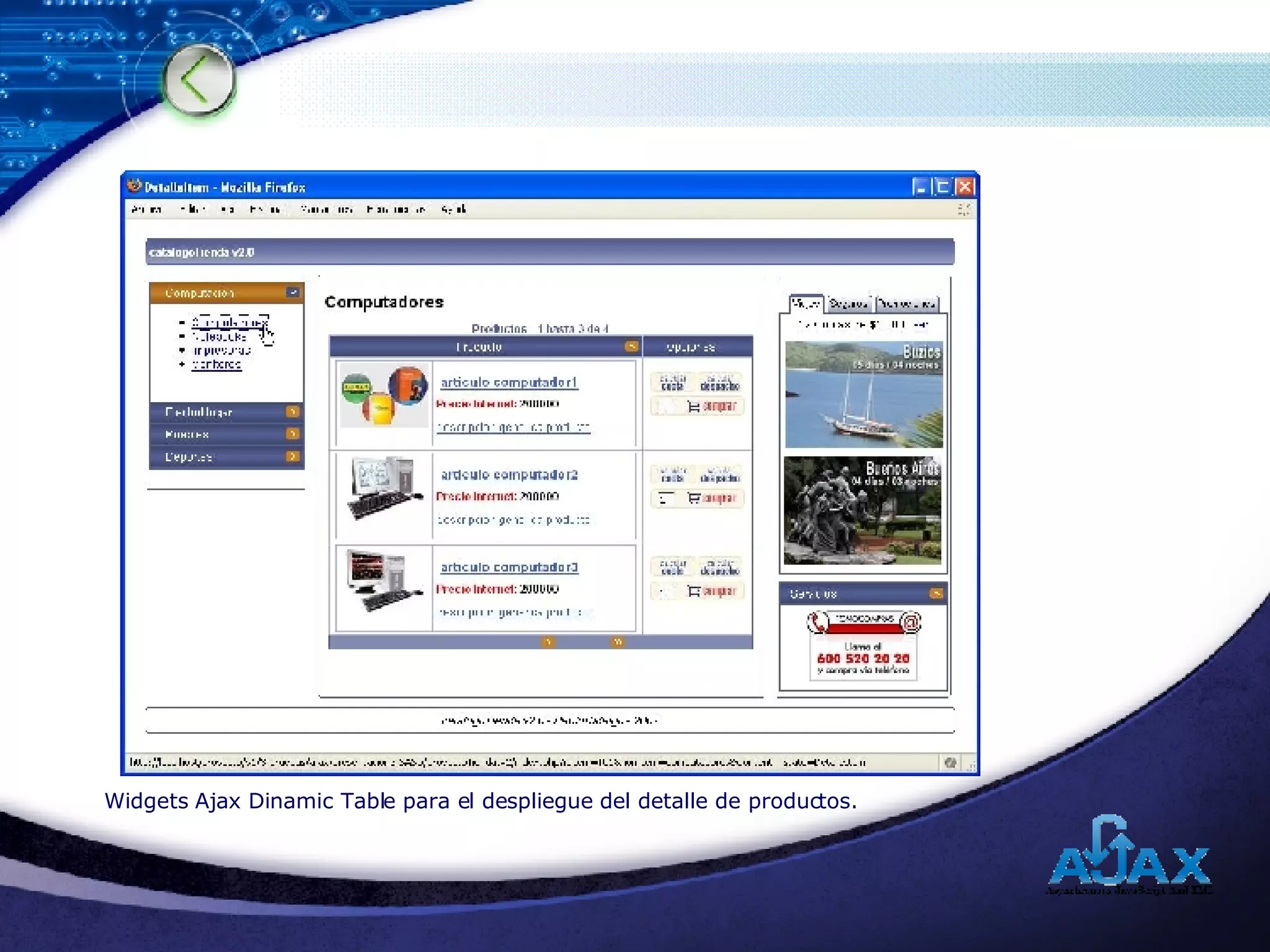Widgets Ajax Dinamic Table para el despliegue del detalle de productos.  