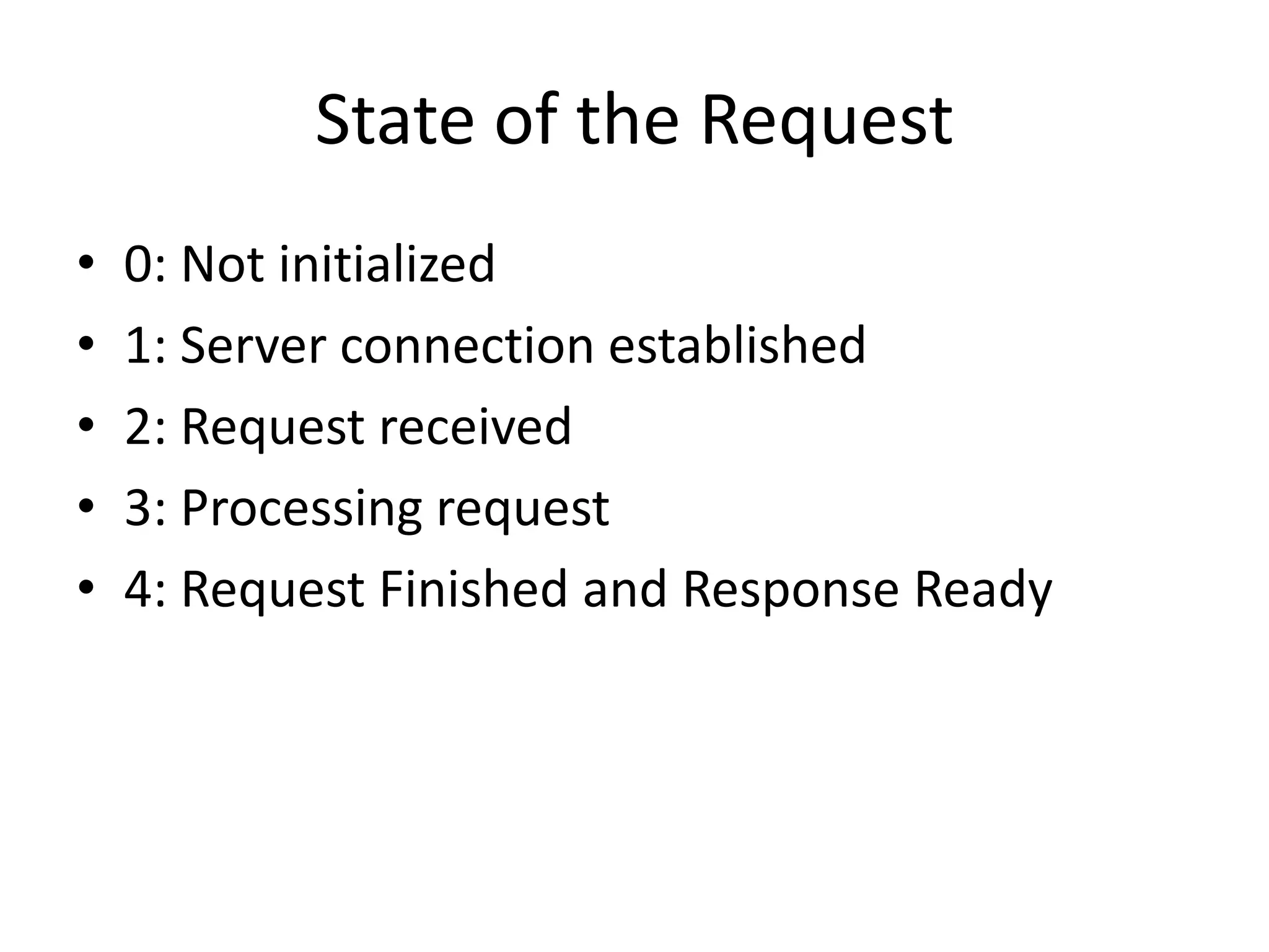 State of the Request
•   0: Not initialized
•   1: Server connection established
•   2: Request received
•   3: Processing request
•   4: Request Finished and Response Ready
 