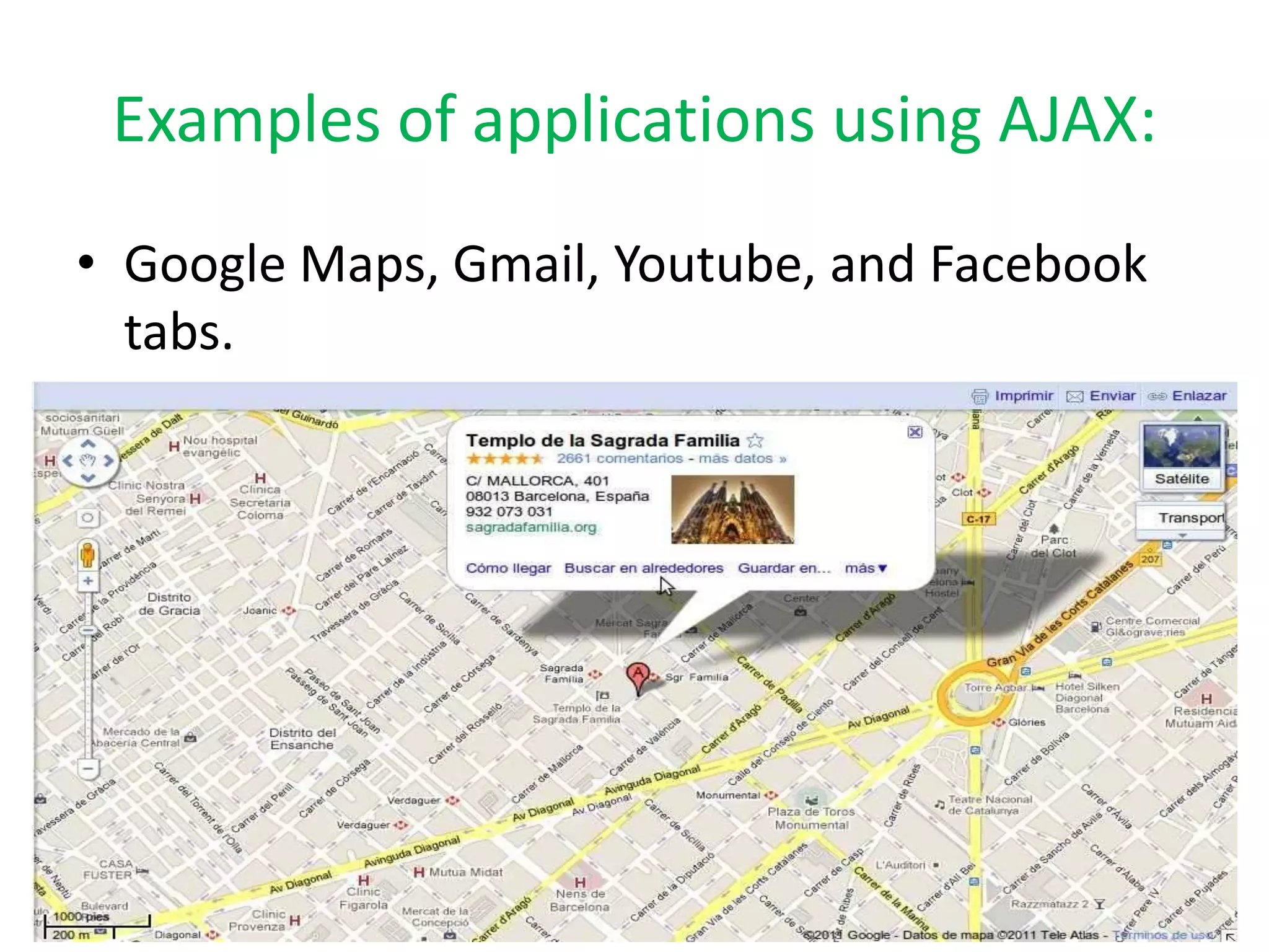 Examples of applications using AJAX:
• Google Maps, Gmail, Youtube, and Facebook
  tabs.
 