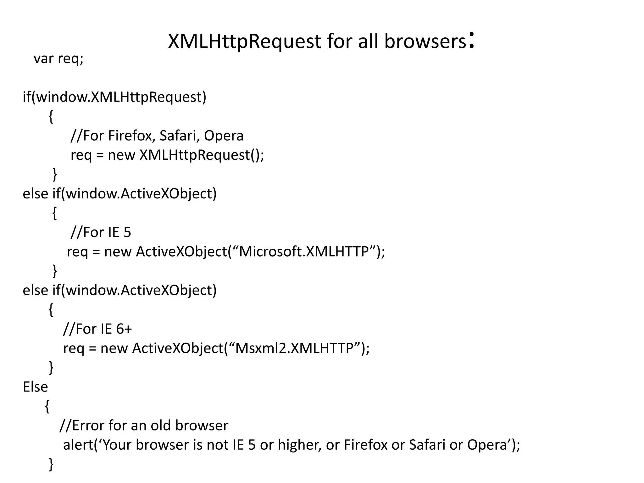 var req;
                        XMLHttpRequest for all browsers                   :
if(window.XMLHttpRequest)
     {
           //For Firefox, Safari, Opera
           req = new XMLHttpRequest();
      }
else if(window.ActiveXObject)
      {
           //For IE 5
          req = new ActiveXObject(“Microsoft.XMLHTTP”);
      }
else if(window.ActiveXObject)
     {
         //For IE 6+
         req = new ActiveXObject(“Msxml2.XMLHTTP”);
     }
Else
    {
        //Error for an old browser
         alert(‘Your browser is not IE 5 or higher, or Firefox or Safari or Opera’);
     }
 