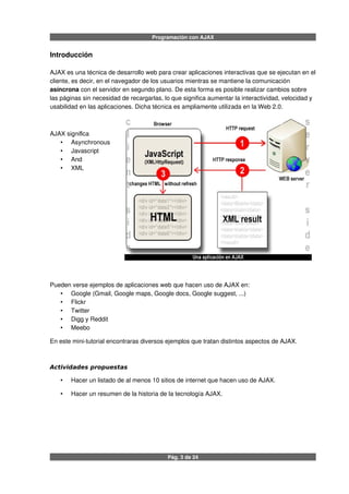 Programación con AJAX
Introducción
AJAX es una técnica de desarrollo web para crear aplicaciones interactivas que se ejecutan en el
cliente, es decir, en el navegador de los usuarios mientras se mantiene la comunicación
asíncrona con el servidor en segundo plano. De esta forma es posible realizar cambios sobre
las páginas sin necesidad de recargarlas, lo que significa aumentar la interactividad, velocidad y
usabilidad en las aplicaciones. Dicha técnica es ampliamente utilizada en la Web 2.0.
AJAX signiﬁca
• Asynchronous
• Javascript
• And
• XML
Pueden verse ejemplos de aplicaciones web que hacen uso de AJAX en:
• Google (Gmail, Google maps, Google docs, Google suggest, ...)
• Flickr
• Twitter
• Digg y Reddit
• Meebo
En este mini-tutorial encontraras diversos ejemplos que tratan distintos aspectos de AJAX.
Actividades propuestas
• Hacer un listado de al menos 10 sitios de internet que hacen uso de AJAX.
• Hacer un resumen de la historia de la tecnología AJAX.
Pág. 3 de 24
 