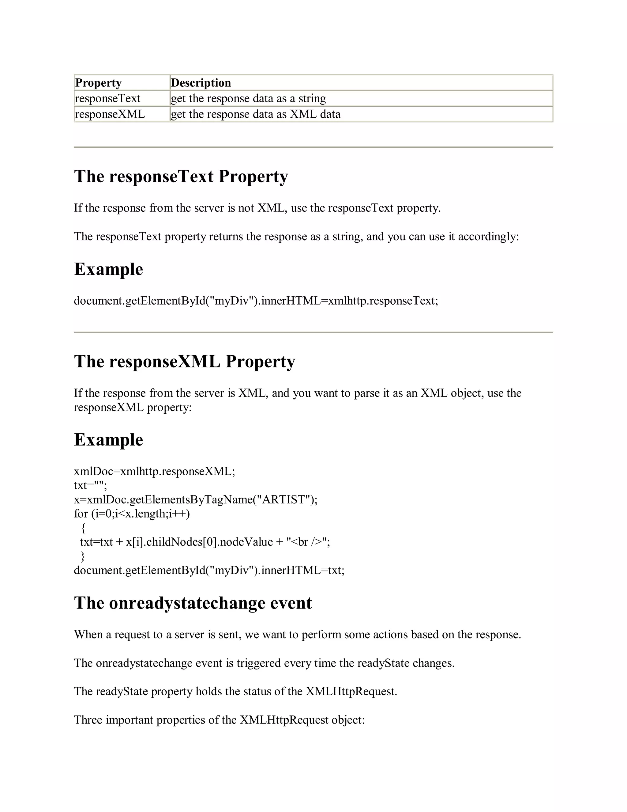 Property Description
responseText get the response data as a string
responseXML get the response data as XML data
The responseText Property
If the response from the server is not XML, use the responseText property.
The responseText property returns the response as a string, and you can use it accordingly:
Example
document.getElementById("myDiv").innerHTML=xmlhttp.responseText;
The responseXML Property
If the response from the server is XML, and you want to parse it as an XML object, use the
responseXML property:
Example
xmlDoc=xmlhttp.responseXML;
txt="";
x=xmlDoc.getElementsByTagName("ARTIST");
for (i=0;i<x.length;i++)
{
txt=txt + x[i].childNodes[0].nodeValue + "<br />";
}
document.getElementById("myDiv").innerHTML=txt;
The onreadystatechange event
When a request to a server is sent, we want to perform some actions based on the response.
The onreadystatechange event is triggered every time the readyState changes.
The readyState property holds the status of the XMLHttpRequest.
Three important properties of the XMLHttpRequest object:
 