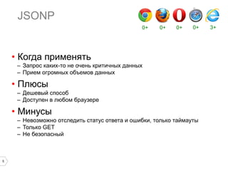 JSONP
0+

0+

0+

0+

•  Когда применять
–  Запрос каких-то не очень критичных данных
–  Прием огромных объемов данных

•  Плюсы
–  Дешевый способ
–  Доступен в любом браузере

•  Минусы
–  Невозможно отследить статус ответа и ошибки, только таймауты
–  Только GET
–  Не безопасный

5

3+

 