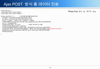 Ajax POST 방식 폼 데이터 전송
<HTML 폼의 요소 >
<input type=“text” name=“state”>
<input type=“text” name=“state2”>

Ajax Post 방식 폼 데이터 전송

function postForm( ) {
// 서버에 폼 데이터를 전송하는 함수
var state = document.forms[0].elements[0].value;
var state2 = document.forms[0].elements[1].value;
var qry = "state=" + state + “&” + “state2=” + state2;
// 폼에 전송할 (name,value) GET 방식처럼 name=value&name=value 형식으로 입력하면 된다 .
var url = 'combobox.jsp';
xmlhttp.open('POST', url, true);
//POST 방식으로 url 전송
xmlhttp.onreadystatechange = getCities;
xmlhttp.setRequestHeader("Content-type", "application/x-www-form-urlencoded");
//content-type 헤더는 urlencoded 폼으로 변경되고 , 질의는 send 메소드로 전송된다 .( 폼으로 전송시 꼭 써야 함 )
//application/x-www-form-urlencoded 사용하여야 qry 의 name, value 가 폼 데이터로 변환됨 .
xmlhttp.send(qry);
}

15

 