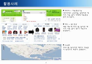 활용사례
네이버 – 자동완성기능
네이버에서 검색어를 입력하면 페
이지 이동 없이 아래에 자동완성
창이 표시된다 .

야후 – UI 변경
해당 메뉴에 마우스를 올리면 페
이지 이동 없이 UI 가 자동으로
변경된다 .

구글맵
마우스를 움직이면 페이지 이동없
이 동적으로 화면이 전환된다 .

4

 