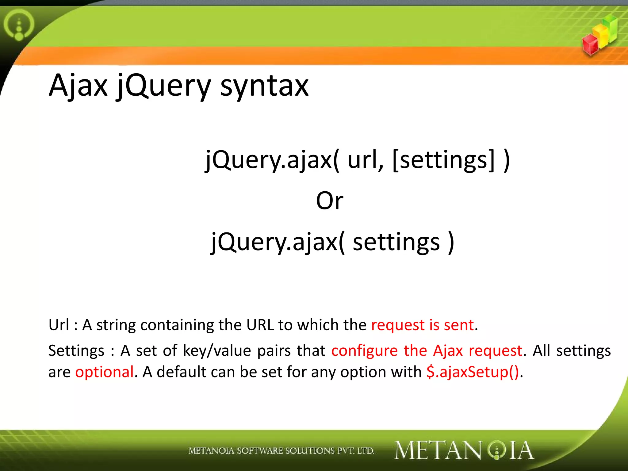 Ajax jQuery syntax jQuery.ajax( url, [settings] ) Or jQuery.ajax( settings ) Url : A string containing the URL to which the request is sent . Settings : A set of key/value pairs that configure the Ajax request . All settings are optional . A default can be set for any option with $.ajaxSetup() . 