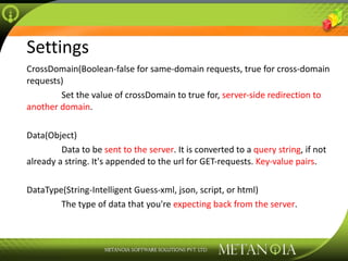 Settings CrossDomain(Boolean-false for same-domain requests, true for cross-domain requests) Set the value of crossDomain to true for,  server-side redirection to another domain . Data(Object) Data to be  sent to the server . It is converted to a  query string , if not already a string. It's appended to the url for GET-requests.  Key-value pairs . DataType(String-Intelligent Guess-xml, json, script, or html) The type of data that you're  expecting back from the server . 