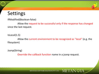 Settings IfModified(Boolean-false) Allow the  request to be successful only if the response has changed  since the last request. IsLocal(1.5) Allow the  current environment to be recognized as &quot;local&quot;  (e.g. the filesystem) Jsonp(String) Override the callback function  name in a jsonp request. 