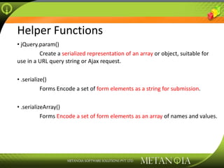 Helper Functions jQuery.param() Create a  serialized representation of an array  or object, suitable for use in a URL query string or Ajax request. .serialize() Forms Encode a set of  form elements as a string for submission . .serializeArray() Forms  Encode a set of form elements as an array  of names and values. 