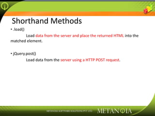 Shorthand Methods .load() Load  data from the server and place the returned HTML  into the matched element. jQuery.post() Load data from the  server using a HTTP POST request . 