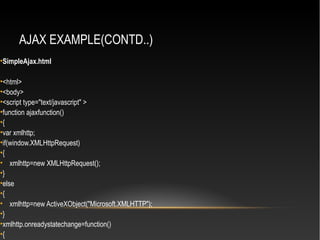 AJAX EXAMPLE(CONTD..)
•SimpleAjax.html
•<html>
•<body>
•<script type="text/javascript" >
•function ajaxfunction()
•{
•var xmlhttp;
•if(window.XMLHttpRequest)
•{
• xmlhttp=new XMLHttpRequest();
•}
•else
•{
• xmlhttp=new ActiveXObject("Microsoft.XMLHTTP");
•}
•xmlhttp.onreadystatechange=function()
•{
 