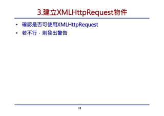 4.設定請求送出請求
•  設定請求方法：open(method,url,async)
•  method：傳輸方式 GET / POST
•  url：要請求的網路資源
•  async：非同步/同步 true / false
•  送出請求方法：send(string)
•  POST才需要傳入字串
11
 