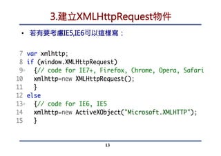 5.處理取得資料
•  readystatechange
•  當readyState改變時觸發
認識XMLHttpRequest的兩個屬性與一個事件
•  readyState
•  0：尚未初始化
•  1：連線已建立
•  2：請求已接收
•  3：請求處理中
•  4：請求處理完成  回應已準備好
•  status
•  200：OK
•  404：找不到

13
 