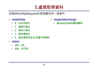 2.使用AJAX基本架構，修改畫面
•  一個按鈕
•  按鈕文字：顯示今日笑話
•  一個預備顯示區
•  id：showData
17
 