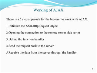 Working of AJAX
There is a 5 step approach for the browser to work with AJAX.
1.Initialize the XMLHttpRequest Object
2.Opening the connection to the remote server side script
3.Define the function handler
4.Send the request back to the server
5.Receive the data from the server through the handler
6
 