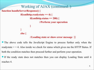 Working of AJAX (continued..)
function handleServerResponse() {
if(xmlhttp.readystate == 4) {
if(xmlhttp.status == 200) {
//Perform your operation
}
}
else {
//Loading state or show error message }}
The above code tells the JavaScript Engine to process further only when the
readystate = = 4. Also inside we check for status which gives me the HTTP Status. If
both the condition matches then proceed further and perform your operation.
If the ready state does not matches then you can display Loading State until it
reaches 4.
6
 