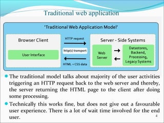 4
Traditional web application
The traditional model talks about majority of the user activities 
triggering an HTTP request back to the web server and thereby, 
the  server  returning  the  HTML  page  to  the  client  after  doing 
some processing. 
Technically this works fine, but does not give out a favourable 
user experience. There is a lot of wait time involved for the end 
user.
 