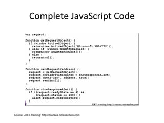 Complete JavaScript Code
Source: J2EE training: http://courses.coreservlets.com
 