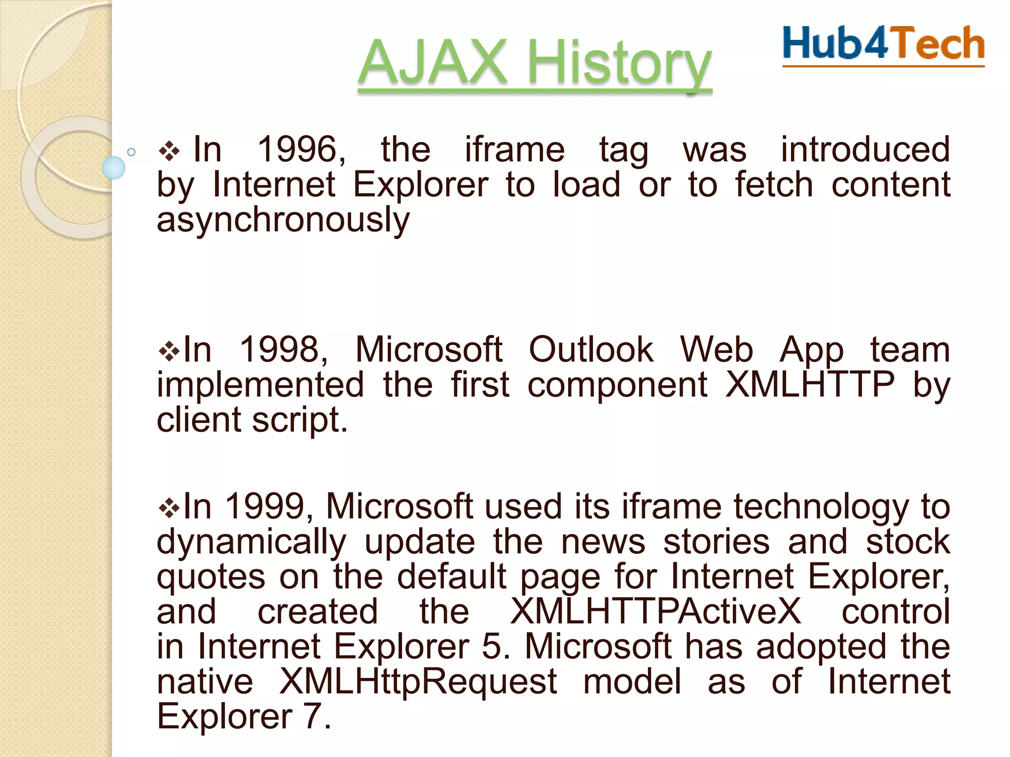 AJAX History
 In 1996, the iframe tag was introduced
by Internet Explorer to load or to fetch content
asynchronously
In 1998, Microsoft Outlook Web App team
implemented the first component XMLHTTP by
client script.
In 1999, Microsoft used its iframe technology to
dynamically update the news stories and stock
quotes on the default page for Internet Explorer,
and created the XMLHTTPActiveX control
in Internet Explorer 5. Microsoft has adopted the
native XMLHttpRequest model as of Internet
Explorer 7.
 