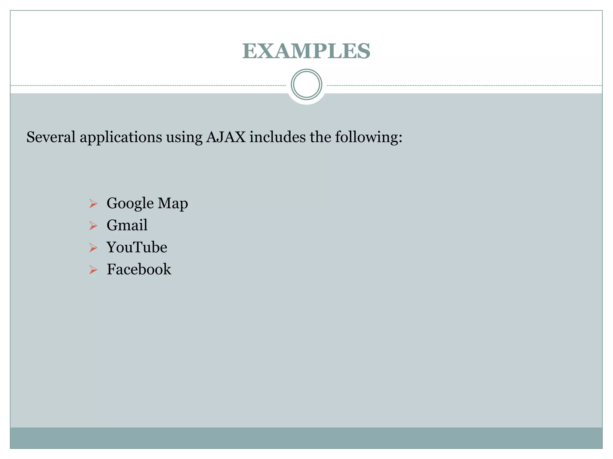 EXAMPLES
Several applications using AJAX includes the following:
 Google Map
 Gmail
 YouTube
 Facebook
 