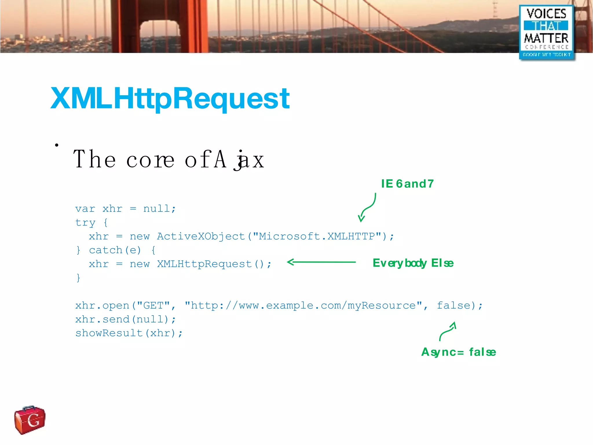 XMLHttpRequest The core of Ajax var xhr = null; try { xhr = new ActiveXObject(&quot;Microsoft.XMLHTTP&quot;); } catch(e) { xhr = new XMLHttpRequest(); } xhr.open(&quot;GET&quot;, &quot;http://www.example.com/myResource&quot;, false); xhr.send(null); showResult(xhr); Async = false IE 6 and 7 Everybody Else 