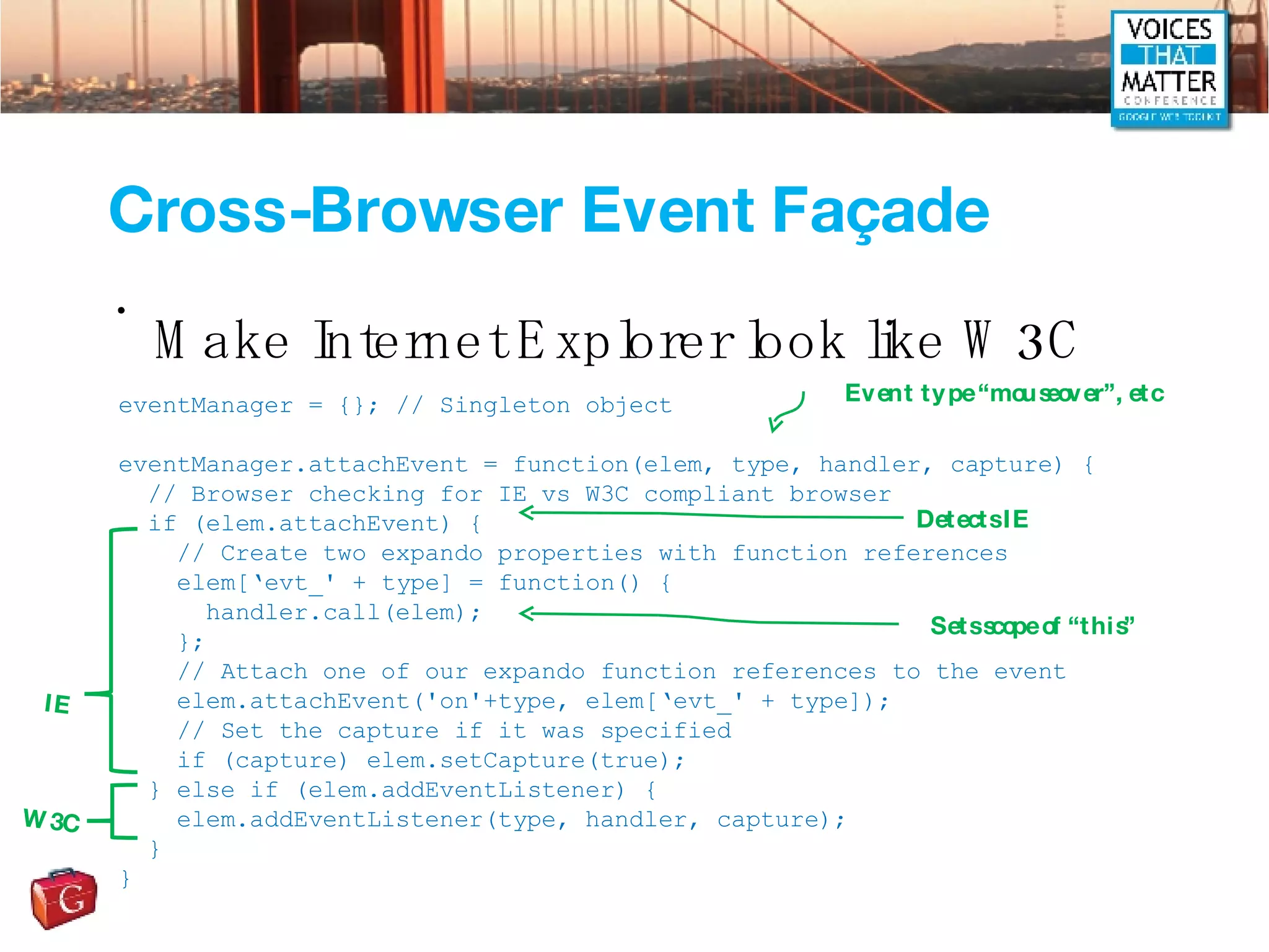 Cross-Browser Event Façade Make Internet Explorer look like W3C eventManager = {}; // Singleton object eventManager.attachEvent = function(elem, type, handler, capture) { // Browser checking for IE vs W3C compliant browser if (elem.attachEvent) { // Create two expando properties with function references elem[‘evt_' + type] = function() { handler.call(elem); }; // Attach one of our expando function references to the event elem.attachEvent('on'+type, elem[‘evt_' + type]); // Set the capture if it was specified if (capture) elem.setCapture(true); } else if (elem.addEventListener) { elem.addEventListener(type, handler, capture); } } IE W3C Sets scope of “this” Event type “mouseover”, etc Detects IE 