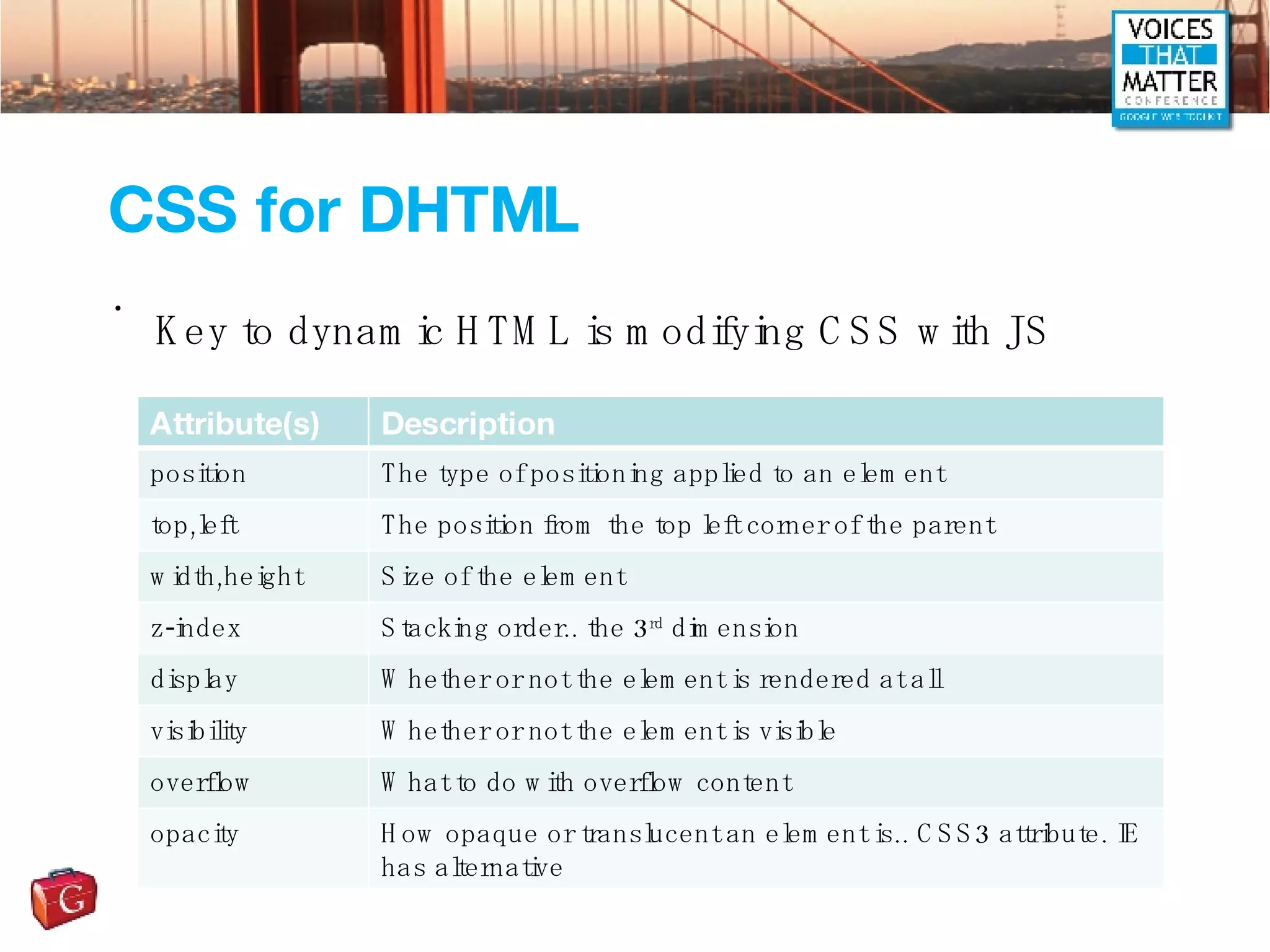 CSS for DHTML Key to dynamic HTML is modifying CSS with JS Attribute(s) Description position The type of positioning applied to an element top,left The position from the top left corner of the parent width,height Size of the element z-index Stacking order.. the 3 rd  dimension display Whether or not the element is rendered at all visibility Whether or not the element is visible overflow What to do with overflow content opacity How opaque or translucent an element is.. CSS3 attribute. IE has alternative 