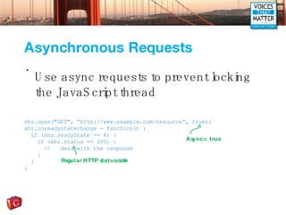 Asynchronous Requests <ul><li>Use async requests to prevent locking the JavaScript thread </li></ul>xhr.open(&quot;GET&quo...