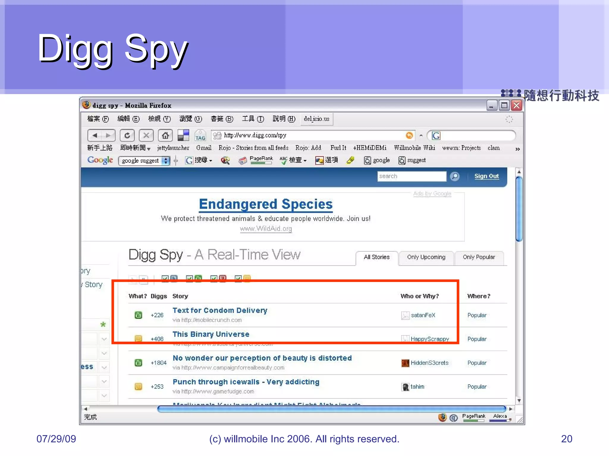 Digg Spy 05/26/09 (c) willmobile Inc 2006. All rights reserved. 