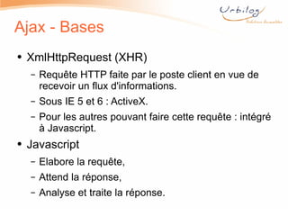 Ajax - Bases XmlHttpRequest (XHR) Requête HTTP faite par le poste client en vue de recevoir un flux d'informations. Sous IE 5 et 6 : ActiveX. Pour les autres pouvant faire cette requête : intégré à Javascript. Javascript Elabore la requête, Attend la réponse, Analyse et traite la réponse. 